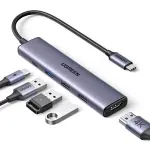 UGREEN USB-C إلى 1*USB 3.0 حتى 5Gpbs + 2*USB 2.0 حتى 480Mbps + HDMI منفذ مع PD 100Watt محول (ألمنيوم علبة)