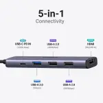 UGREEN USB-C إلى 1*USB 3.0 حتى 5Gpbs + 2*USB 2.0 حتى 480Mbps + HDMI منفذ مع PD 100Watt محول (ألمنيوم علبة)