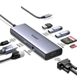 UGREEN USB-C إلى 3*USB 3.0 A + HDMI 4K@30Hz + VGA + RJ45 + SD/TF + PD محول متعدد الوظائف