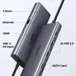 UGREEN USB-C 3*USB 3.0 A+HDMI 4K@30Hz;2K@60HZ;1080P@120Hz + VGA + RJ45 + SD/TF + 3.5mm Audio + PD محول