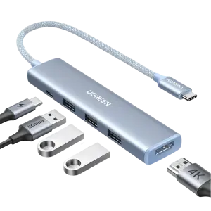 UGREEN 5-دخل-1 USB-C إلى HDMI HDMI 4K@30Hz + 3*USB 3.0 A+PD Power محول أزرق