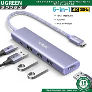 عرض UGREEN 5-دخل-1 USB-C إلى HDMI HDMI 4K@30Hz + 3*USB 3.0 A+PD… أزرق