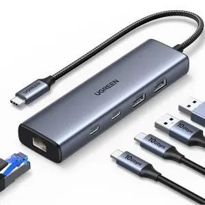 UGREEN 6-دخل-1 USB 3.2 C إلى USB-A 3.2+USB-A 2.0+2* USB-C 3.2 محول + Gigabit مع USB-C منفذ طاقة