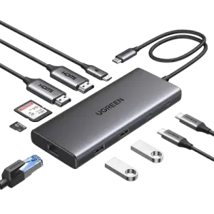 UGREEN 10-دخل-1 USB-C إلى USB-A 3.2+USB-A 3.0+2*USB-C 3.2+2*HDMI+RJ45 Gigabit+SD&TF +PD منفذ محول