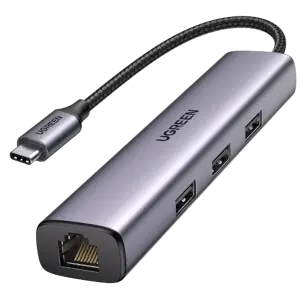 UGREEN USB-C إلى 3×USB-A 3.0 موزع حتى 5Gpbs + RJ45 (1000M) محول إيثرنت (ألمنيوم علبة)