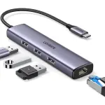 UGREEN USB-C إلى 3×USB-A 3.0 موزع حتى 5Gpbs + RJ45 (1000M) محول إيثرنت (ألمنيوم علبة)