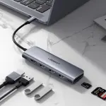 UGREEN USB-C إلى 3 منافذ USB3.0-A موزع + HDMI + TF/SD مع PD (رمادي فضائي)