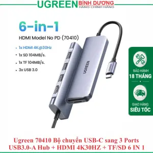 رض UGREEN USB-C إلى 3 منافذ USB3.0-A موزع + HDMI + TF/SD مع… فضائي)