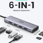 UGREEN USB-C إلى 3 منافذ USB3.0-A موزع + HDMI + TF/SD مع PD (رمادي فضائي)