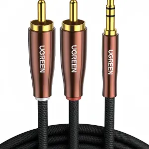 عرض UGREEN 3.5mm ذكر إلى 2RCA Copper علبة مضفر Aux كابل 3m